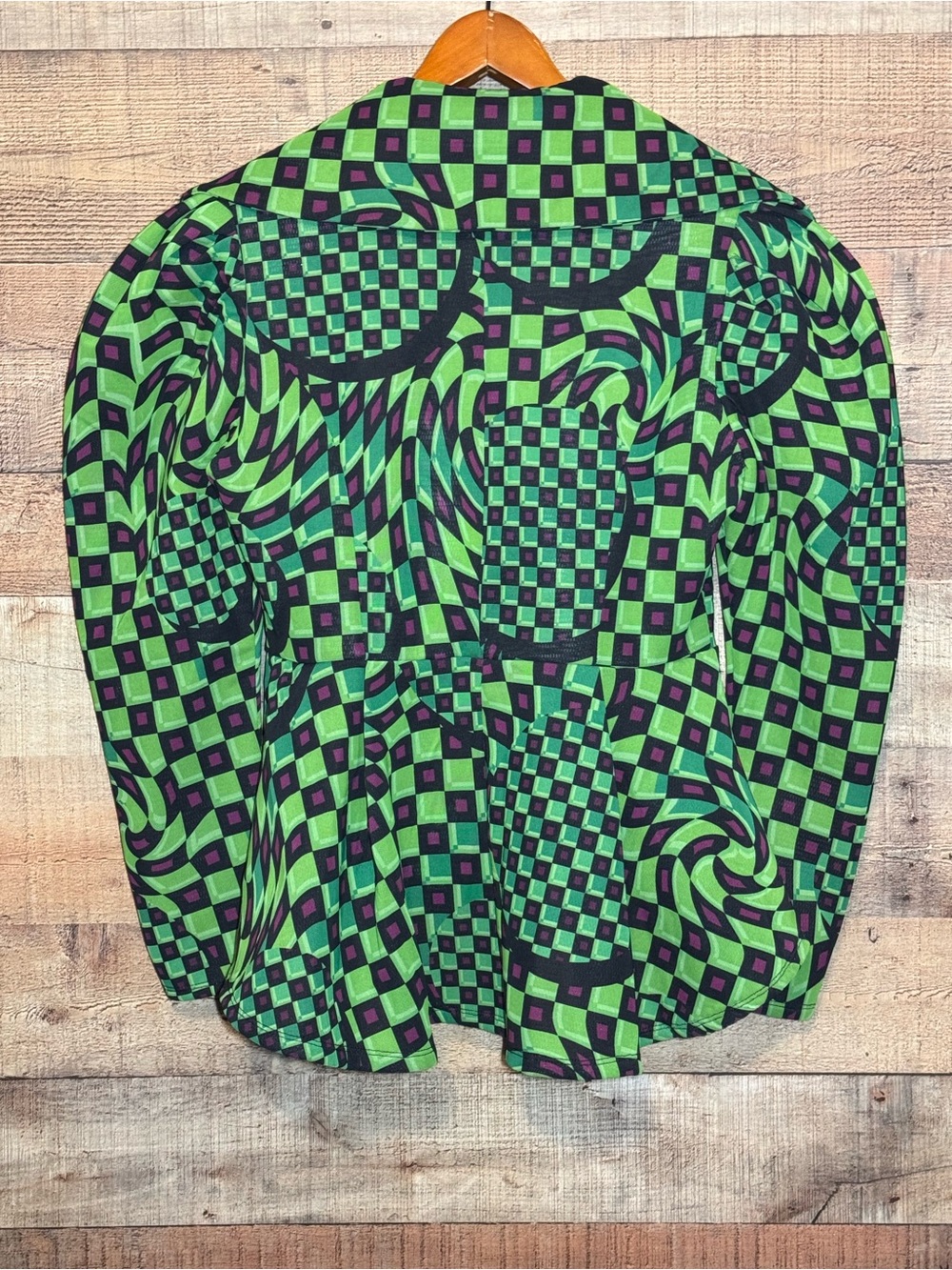CQ by CQ Optical Checkered Green Puff-Sleeve Peplum Blazer size L Bold Artsy - Picture 4 of 13